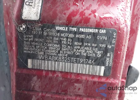 1996 BMW 328 Ic Automatic z USA, uszkodzony, nr VIN WBABK8325TET91746